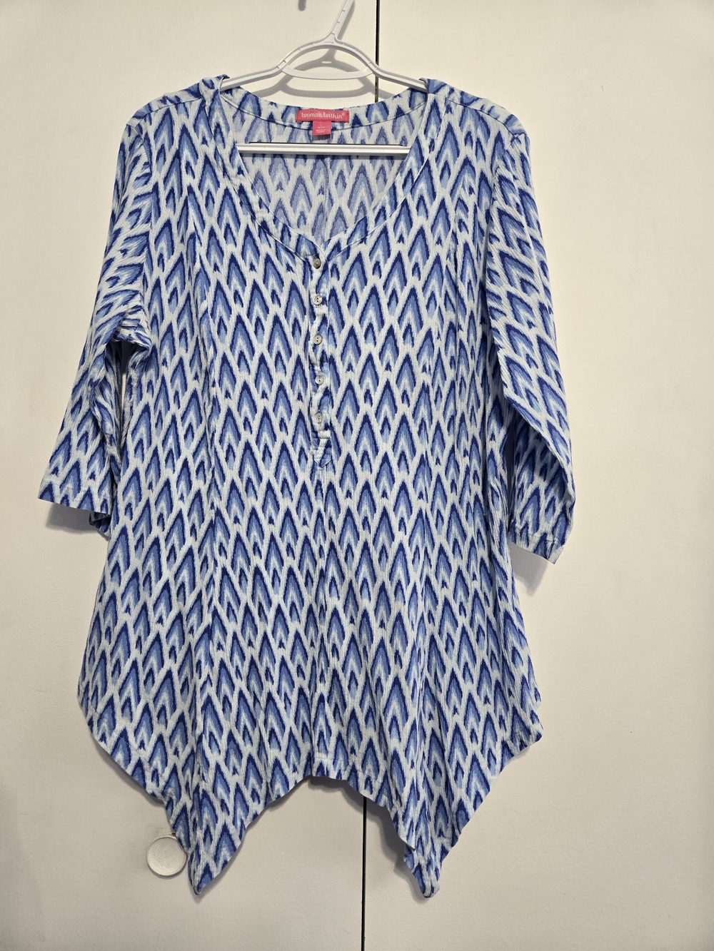 Woman Within Tunic Top 18/20 Blue White Ikat 100%‎ Cotton 3/4 Sleeve Plus
